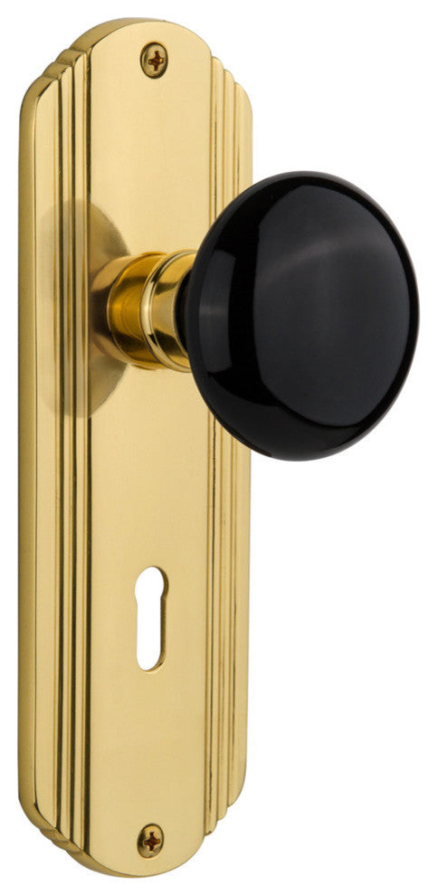 Deco Plate Privacy Black Porcelain Knob, Polished Brass