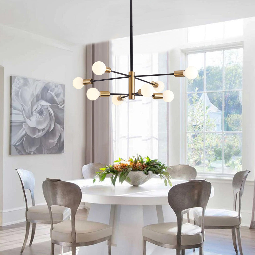 8-Light Modern Sputnik Ceiling Light Chandelier, Black with Brass Pendant Light