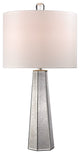 1-Light Hexagonal Table Lamp Antique Mirror Oyster Faux Silk Sha