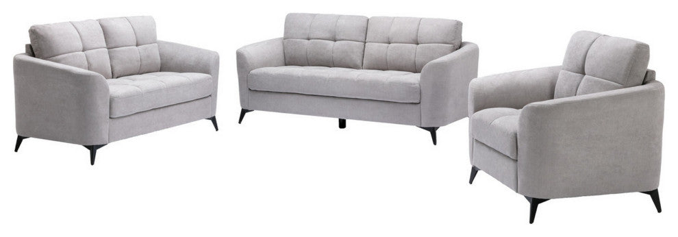 Benzara BM287961 Sofa, Loveseat, Chair Set, Tufted Cushions, Light Gray Velvet