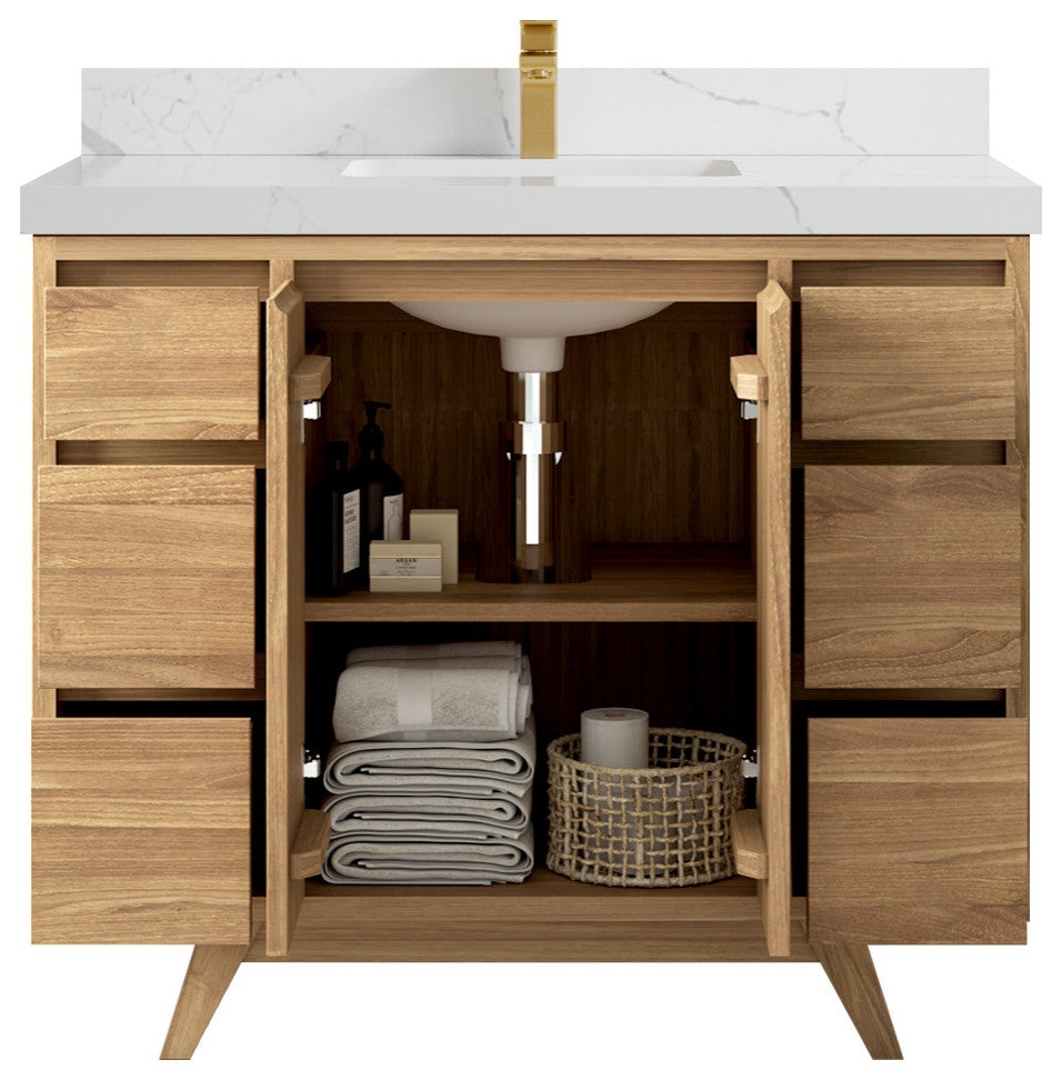 Madison Teak 42 Single Sink Bath Vanity in Light Natural 2" Calacatta Laza