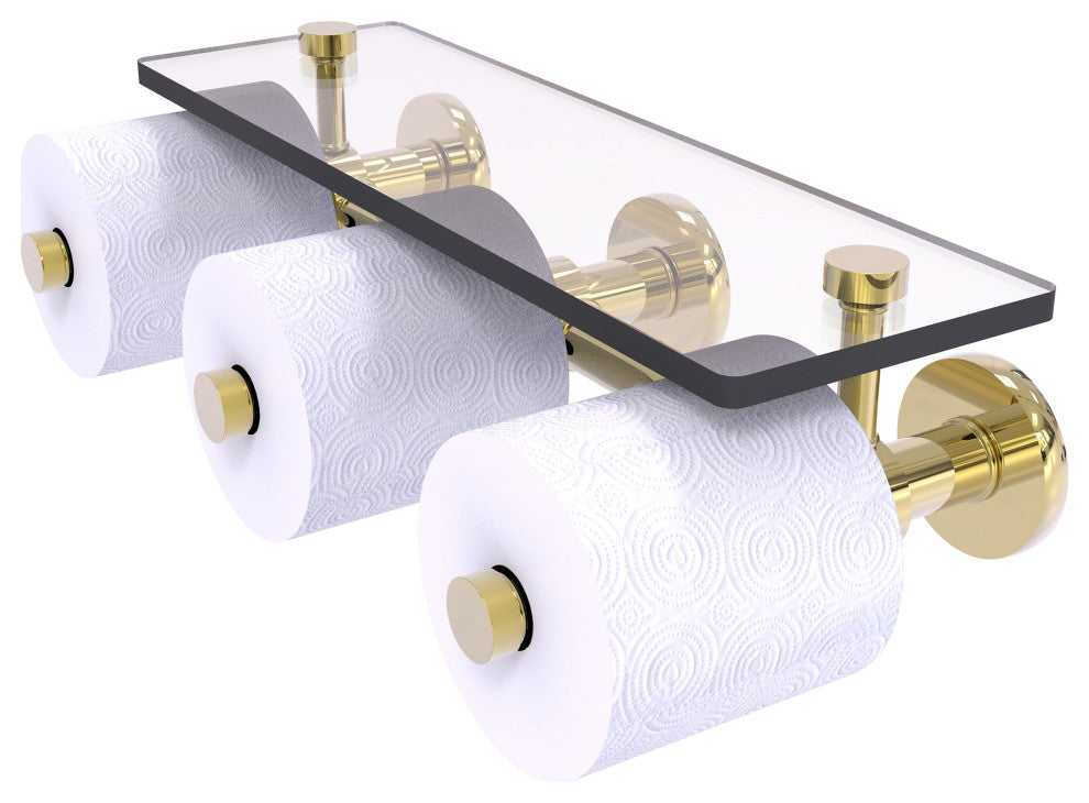 Prestige Skyline 3-Roll Toilet Paper Holder with Glass Shelf, Unlacquered Brass