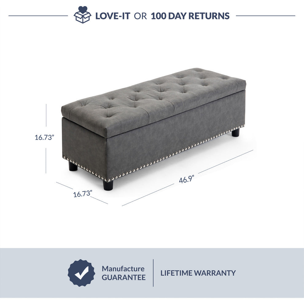 Rectangular Storage Fabric Ottoman, Tufted Footrest Lift Top, 47", Rustic Gray