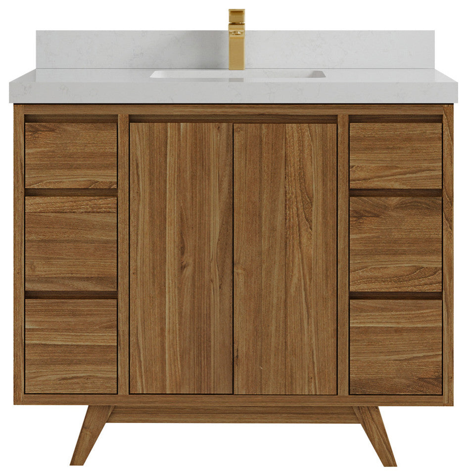Madison Teak 42 Single Sink Bath Vanity in Dark Natural 2" Carrara Quartz
