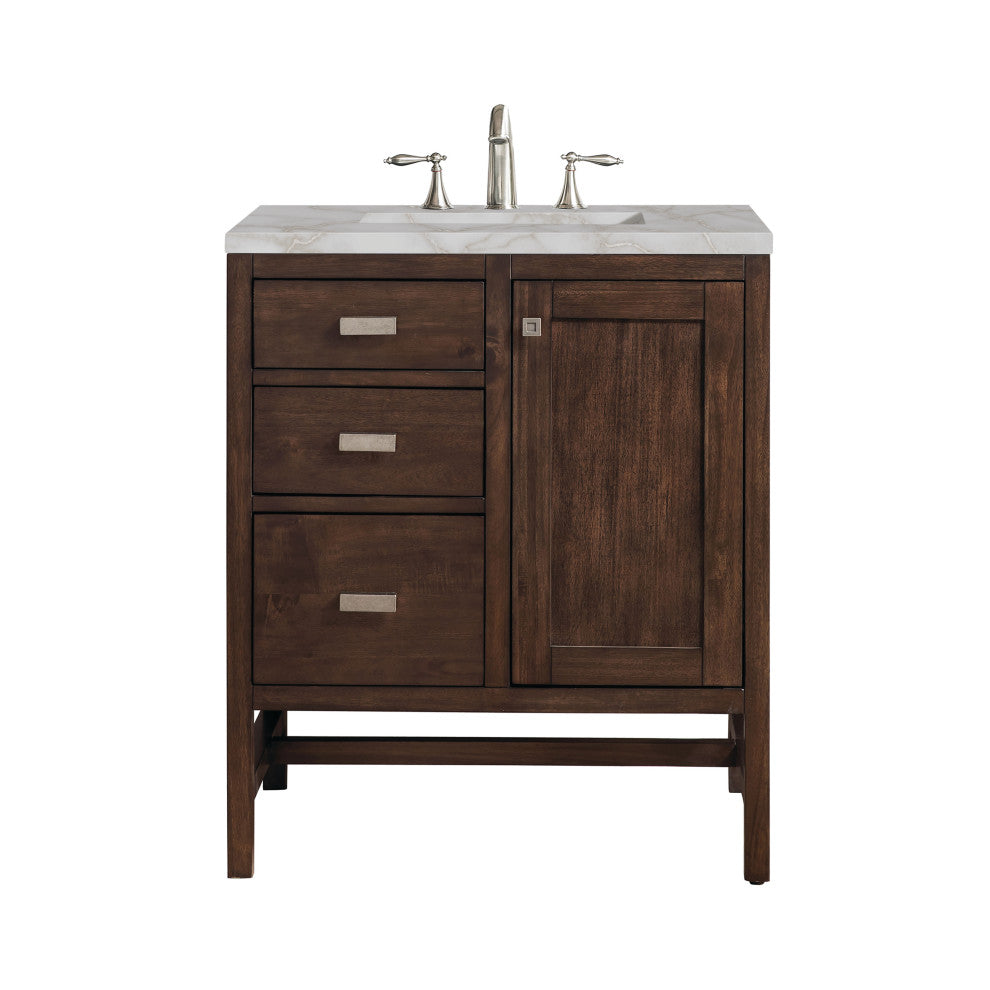 Addison 30" Single Vanity Cabinet, Mid-Century Acacia, Victorian Silver, Three-Hole