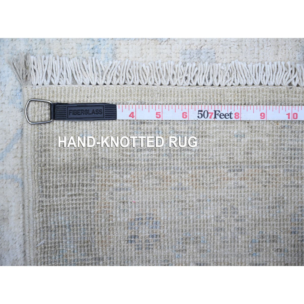 Ivory Washed Out Peshawar Wool Hand Knotted Runner Rug, 3'1"x11'7"