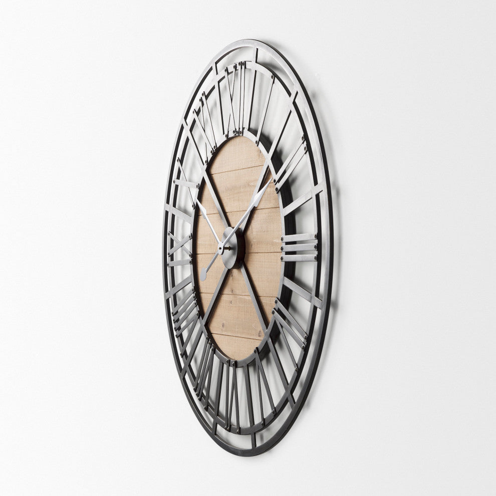 Lewiston Black Iron With Brown Wood 42" Round Wall Clock