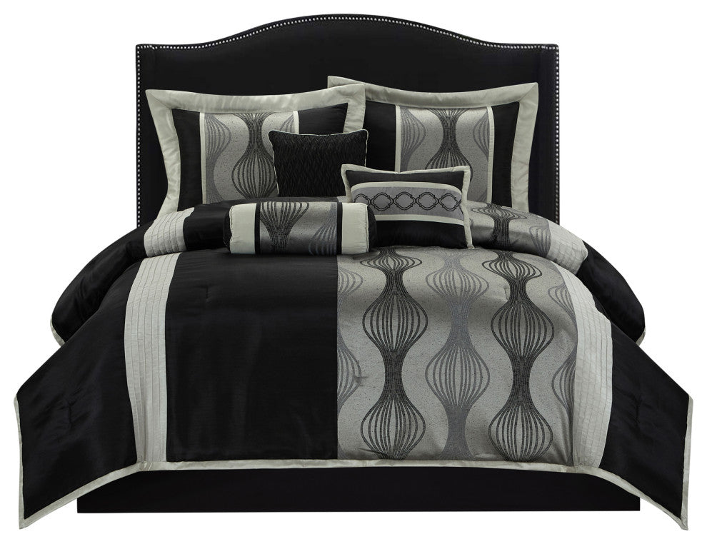 Kath 7-Piece Jacquard Comforter Set, Black Silver, King