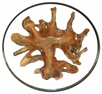 Rustic Teak Wood Root Round Coffee Table Including 43 Inch Glass Top