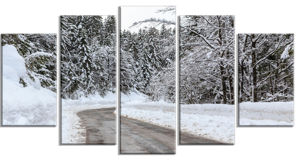 Foggy Winter Road in Slovenia, Large Landscape Canvas Art, 60"x32", 5 Panels