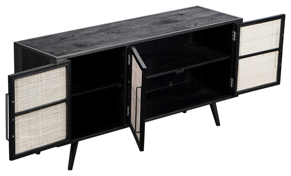 Rustic Black and Rattan Media Cabinet With Three Doors