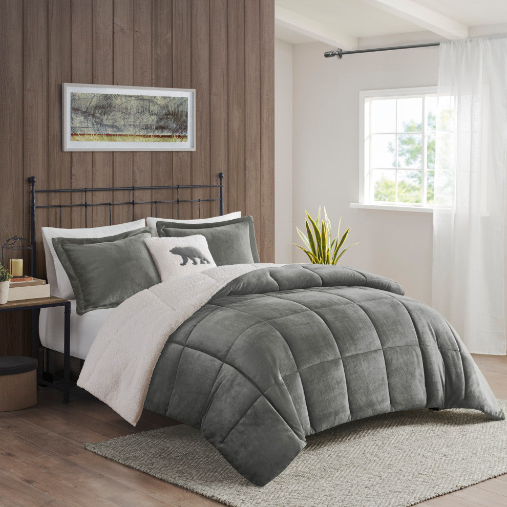 Woolrich Alton Plush to Sherpa Winter Comforter Set, Grey, King