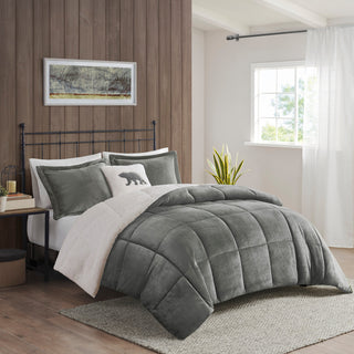 Woolrich Alton Plush to Sherpa Winter Comforter Set, Grey, King