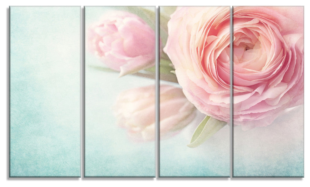 Pink Flowers against Blue Background, Floral Canvas Print, 48"x28", 4 Panels