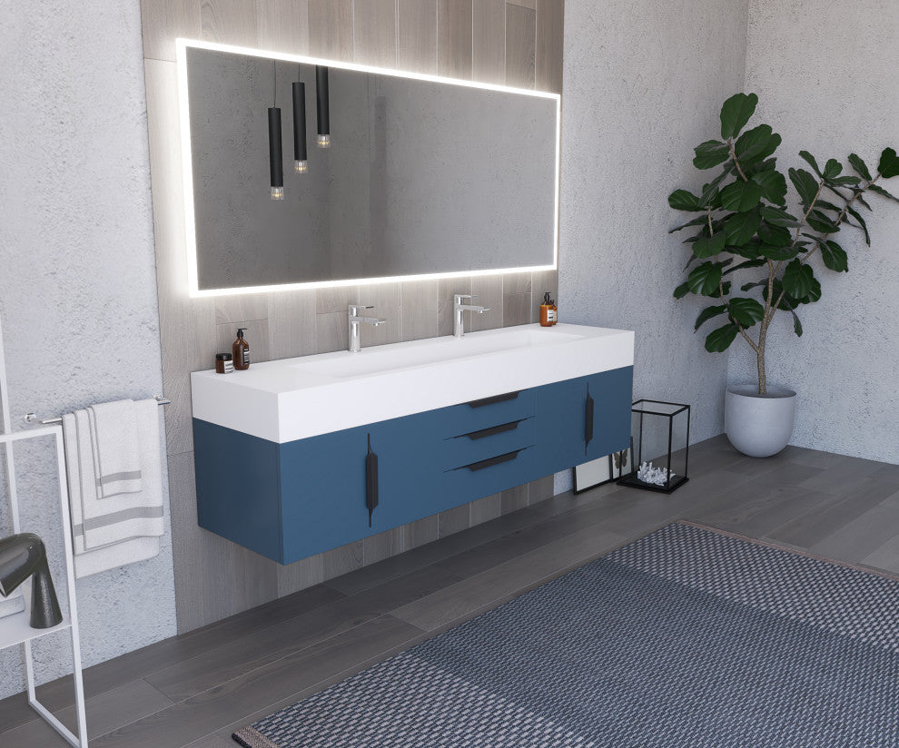 CastelloUSA Nile 72" Wall Mounted Bathroom Vanity Set, Blue, White Top, Black Handles