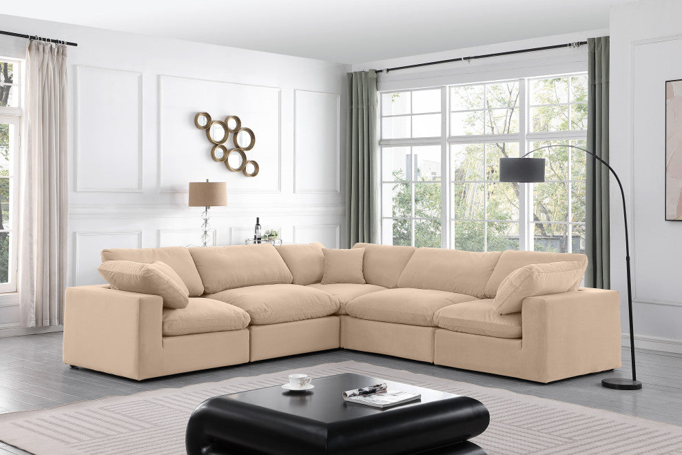 Comfy Upholstered L-Shaped Modular Sectional, Beige, 5-Piece: 2 Armless Chair, 3 Corner Chair, Velvet