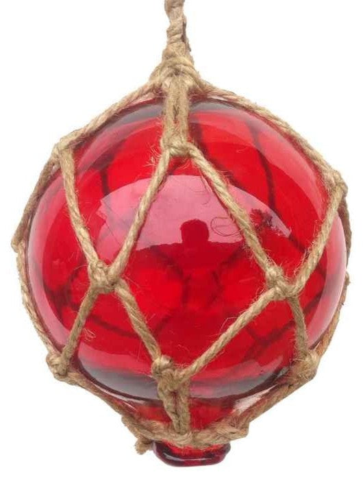 Red Japanese Glass Ball Fishing Float With Brown Netting Decoration 4'', Glass