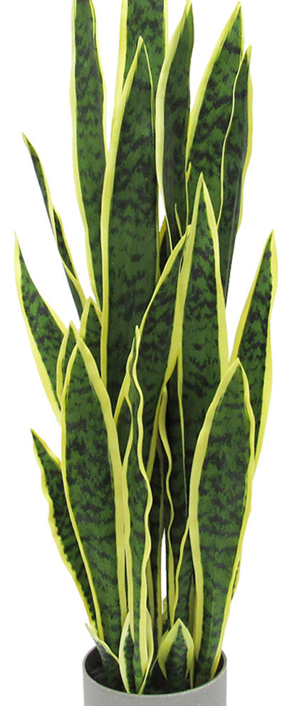 36" Green Yellow Artificial Sansevieria Snake Plant, Gray Pot