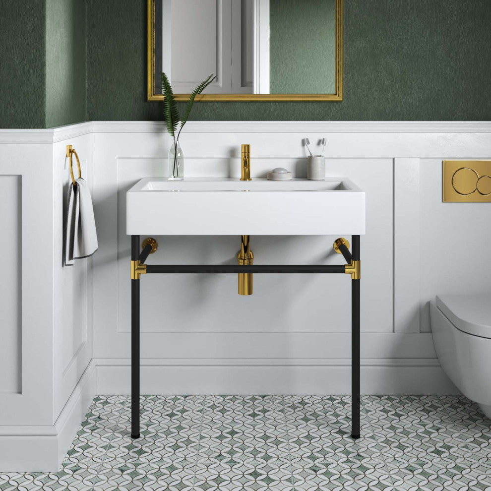 Redeem 32" Black Stainless Steel Wall-Mount Bathroom Vanity, Black White