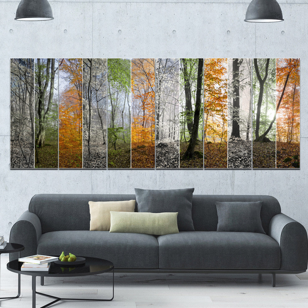 Wood Panorama Changing Seasons, Landscape Canvas Art Print, 70"x28", 6 Panels