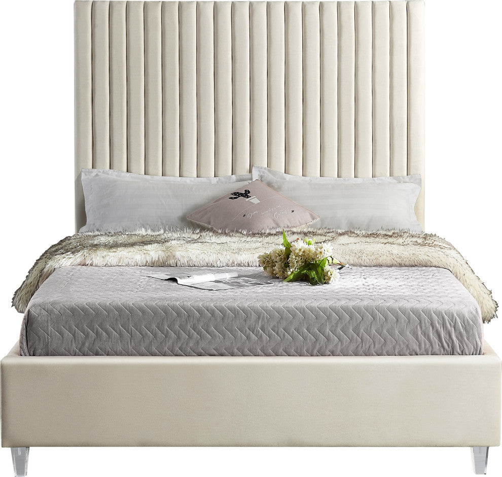 Candace Velvet Upholstered Bed, Cream, Queen