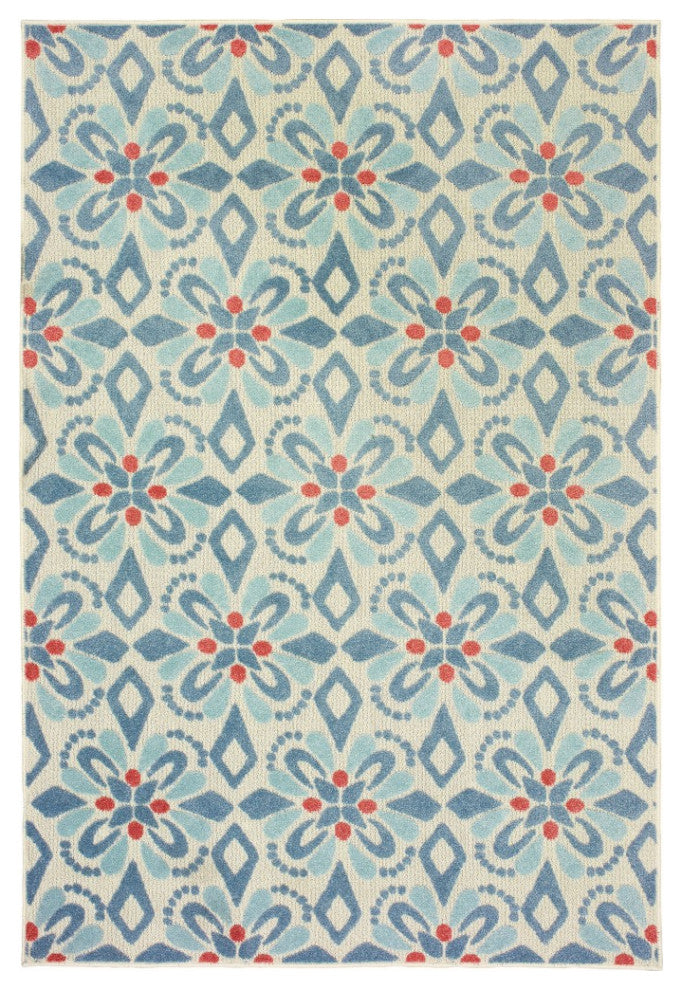 HomeRoots 7' x 10' Ivory Blue Global Geo Tile Indoor Outdoor Runner Rug