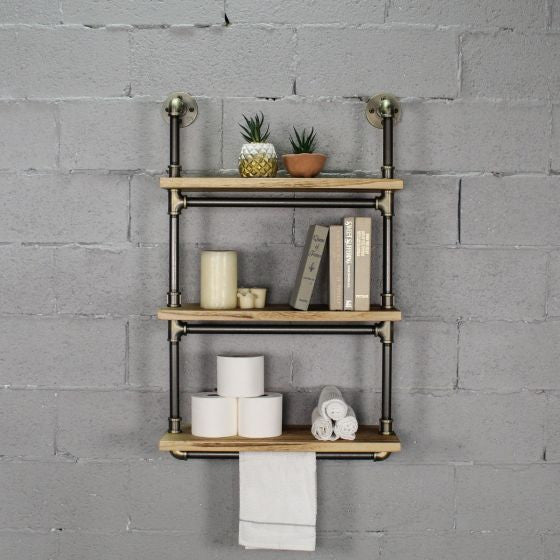 Juneau 30" 3-Tier Wall Mounted Bookcase, Brushed Brass Gray Steel/Natural Wood