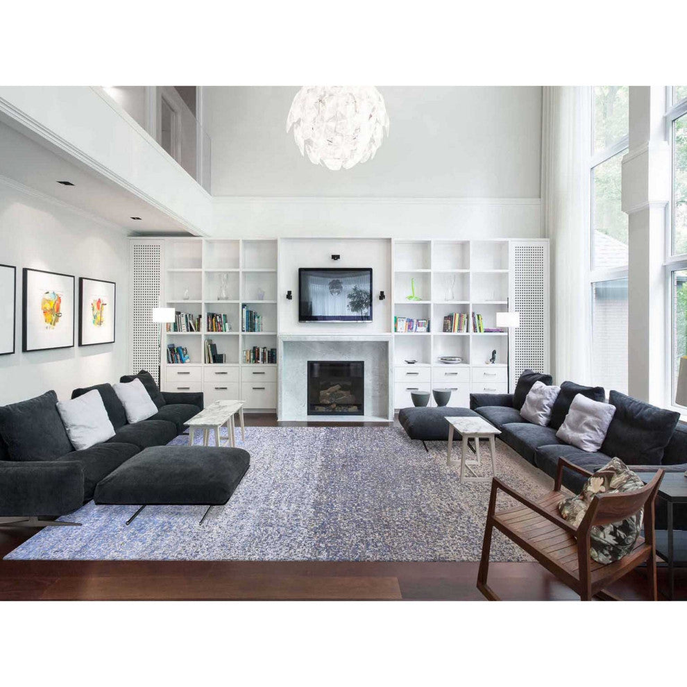 Denim Blue, Modern, Hand Knotted Pure Silk and Wool Oversized Rug, 12'0"x18'0"