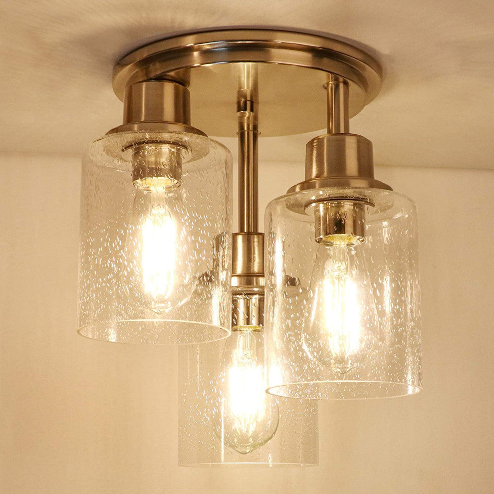 3 Light Close To Ceiling Light Fixture, Semi Flush Mount, Nickel