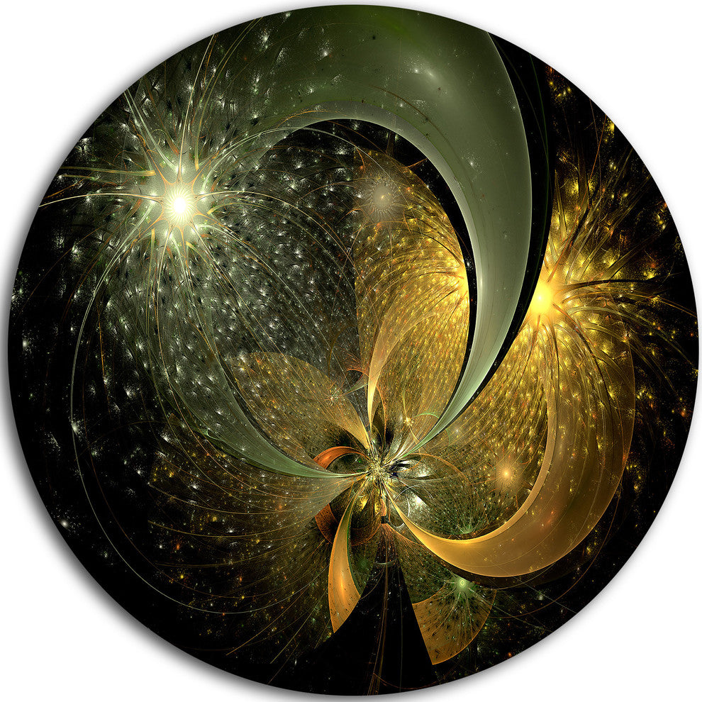 Golden Fractal Flower With Silver Star, Floral Disc Metal Artwork, 11"