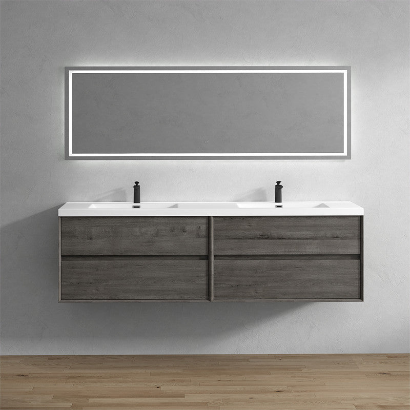 Ashley 84'' Floating Vanity, Acrylic Top, Double Sink, Smoke Oak