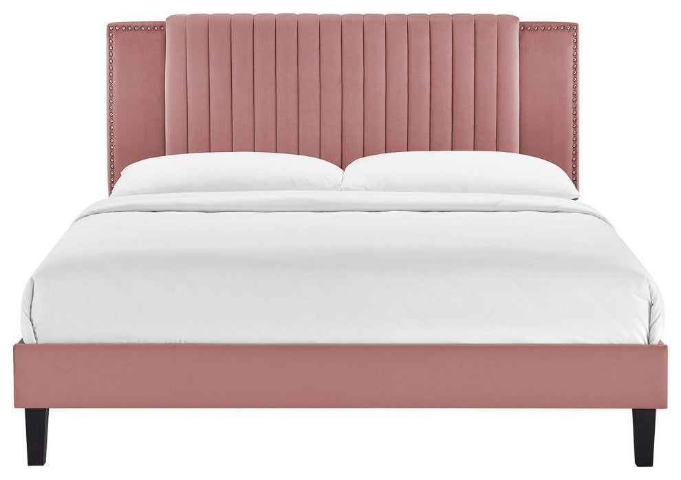 Zahra Channel Tufted Performance Velvet Twin Platform Bed, Dusty Rose