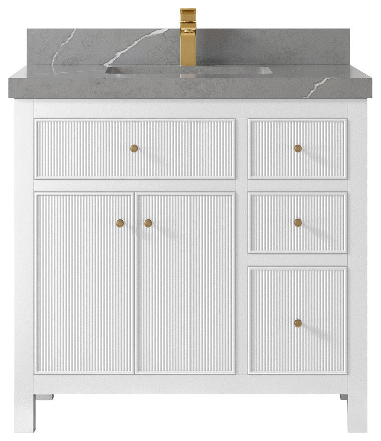 Sonoma 36 Center Sink Reeded Bath Vanity in White 2" Piatra Gray