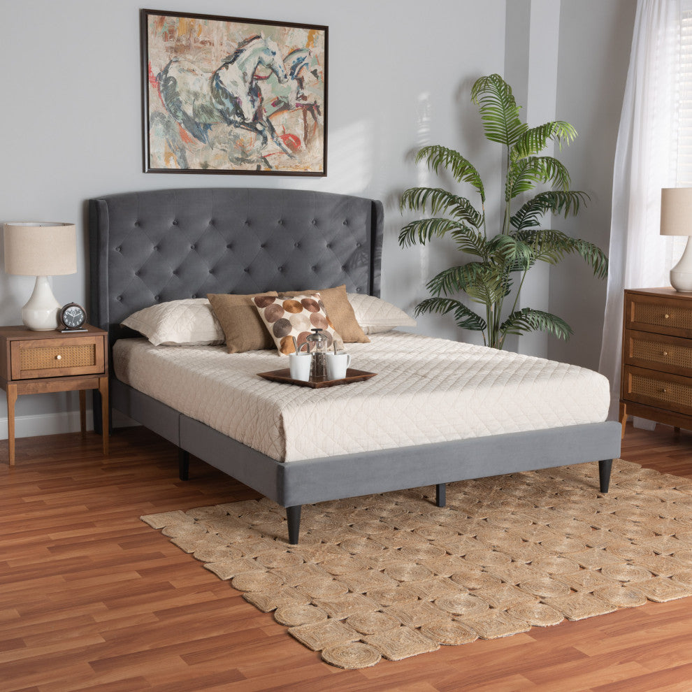 Neda Modern Upholstered Platform Bed, Gray/Dark Brown, King