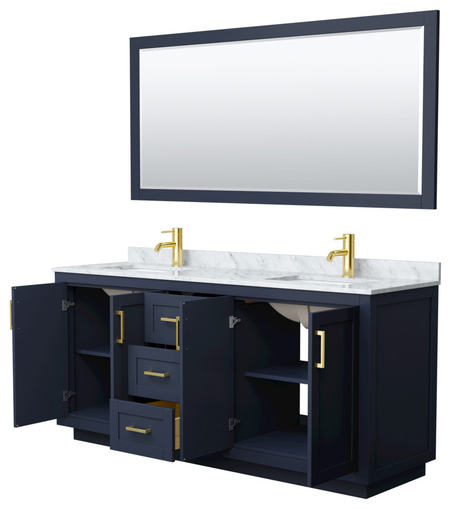 72"DBL Bathroom Vanity Dark Blue, Carrara Countertop, Sinks, Gold Trim,70"Mirror
