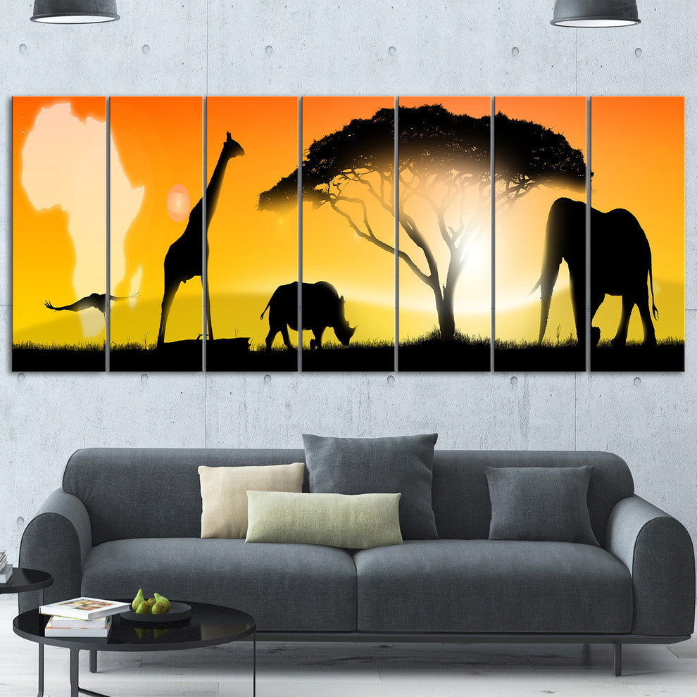 African Wildlife Panorama, African Canvas Art Print, 83"x32", 7 Panels
