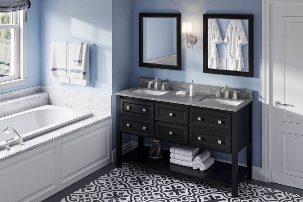 Adler Transitional 60" Black Double Sink Vanity, Boulder Cultured Marble Vanity