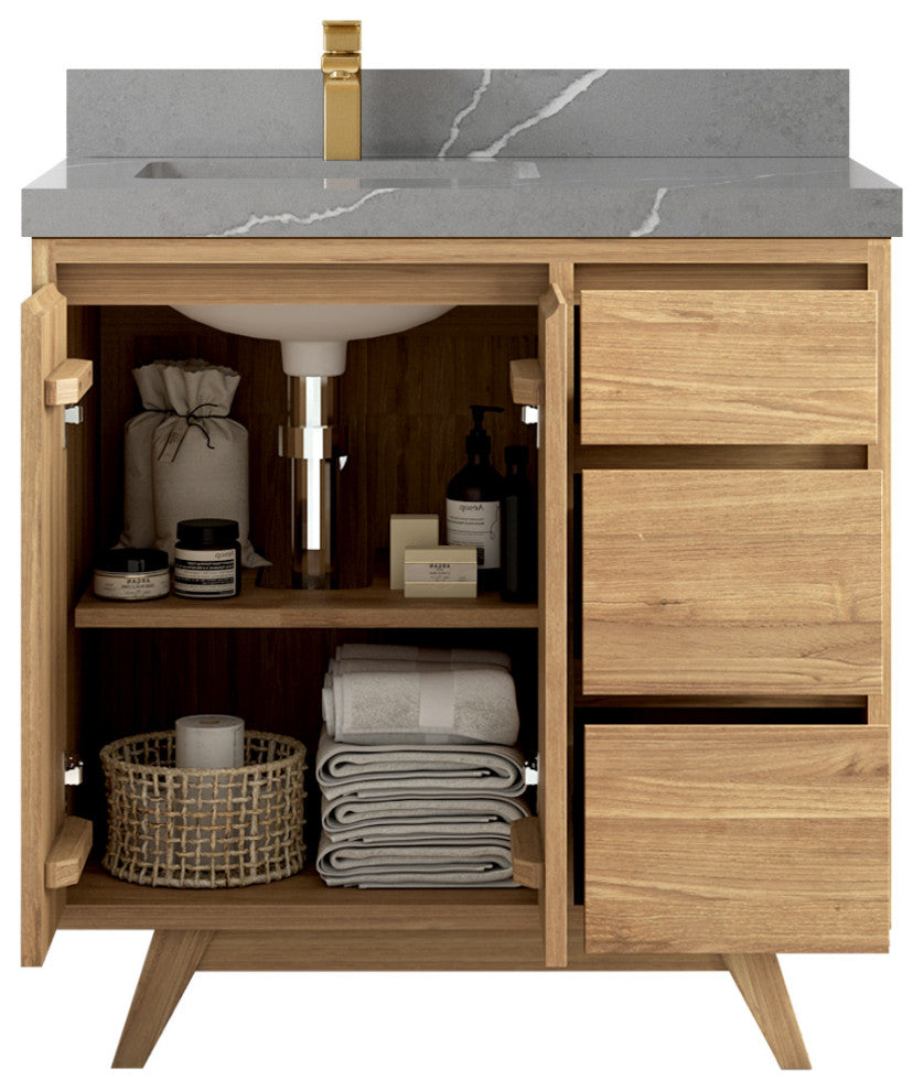 Madison Teak 36 Left Offset Bath Vanity in Light Natural 2" Piatra Gray