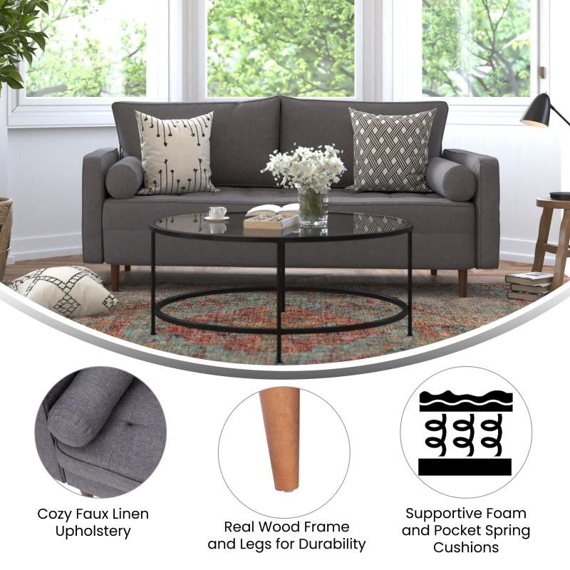 Hudson Mid-Century Modern Sofa With Tufted Upholstery and Solid Wood Legs, Dark Gray
