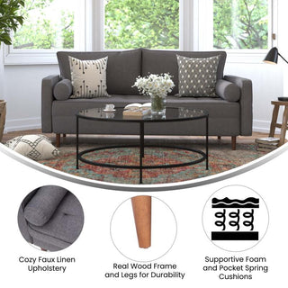 Hudson Mid-Century Modern Sofa With Tufted Upholstery and Solid Wood Legs, Dark Gray