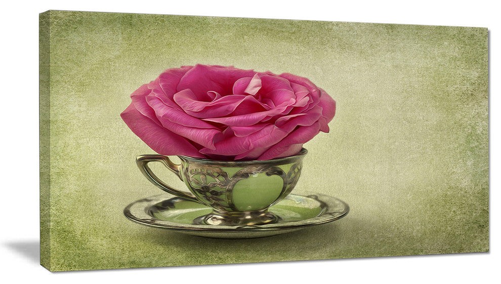 Red Rose in Cup and Saucer, Floral Canvas Art Print, 32"x16"