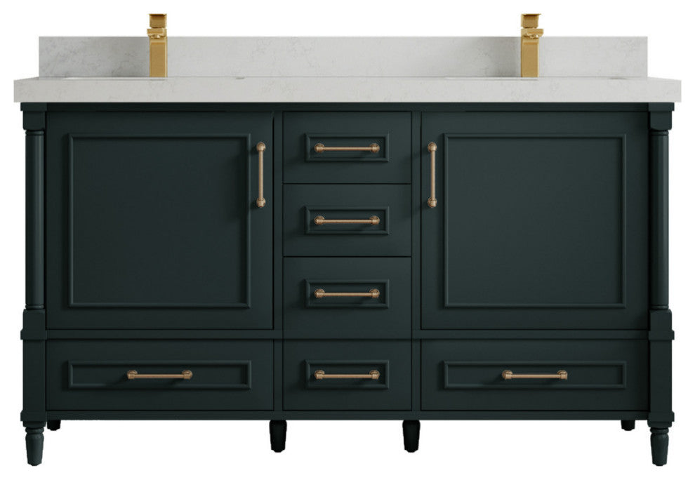 Aberdeen 60 Double Bathroom Vanity in Dark Forest Green 2" Carrara Quartz