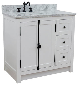 37" Single Vanity, Glacier Ash With White Carrara Top, Left Doors/Left Oval Sink