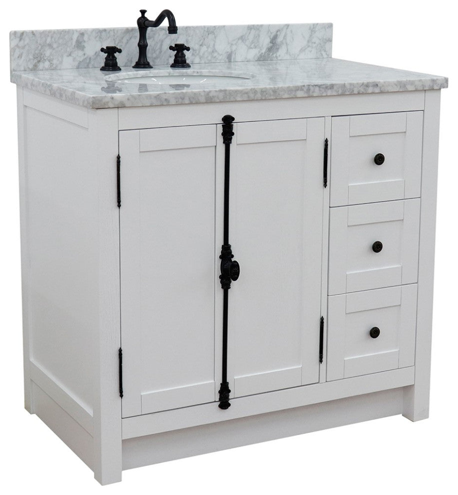 37" Single Vanity, Glacier Ash With White Carrara Top, Left Doors/Left Oval Sink