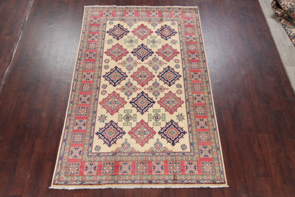 Kazak Handmade Oriental Pakistani Traditional Area Rug, Beige, 9'4"x5'10