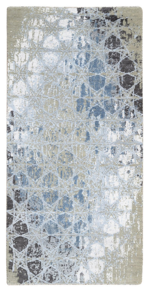 Gray and Blue, Wool and Silk Hand Knotted, THE HONEYCOMB Rug, 2'8"x5'10"