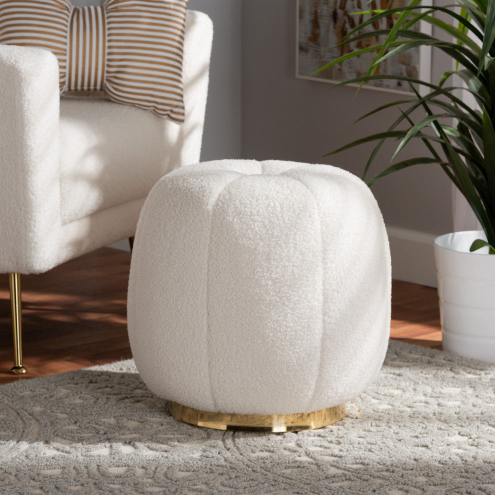 Raelynn Modern and Contemporary Ivory Boucle Upholstered and Gold Metal Ottoman