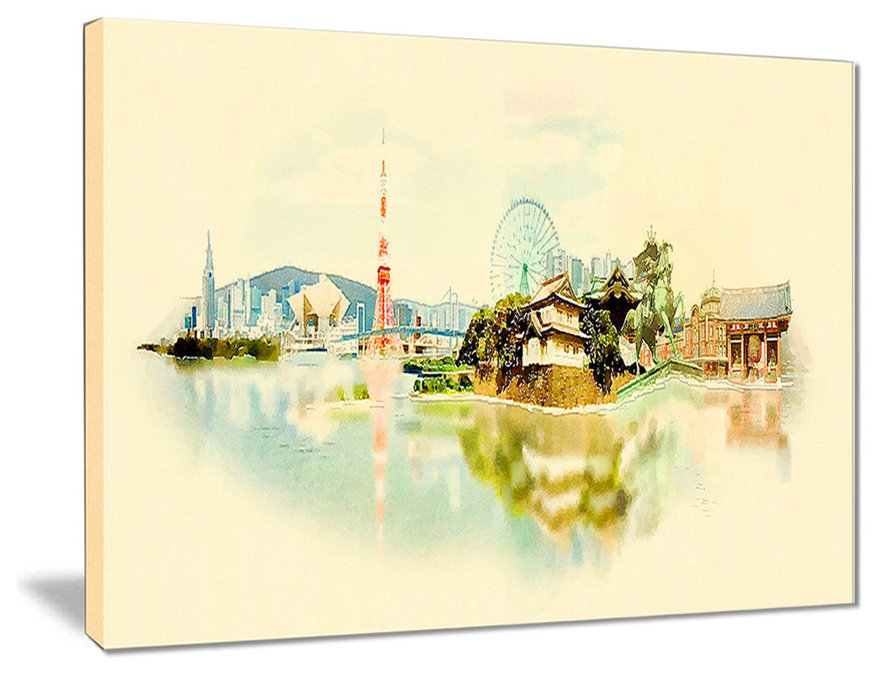 "Tokyo Panoramic View" Cityscape Watercolor Canvas Print, 40"x30"