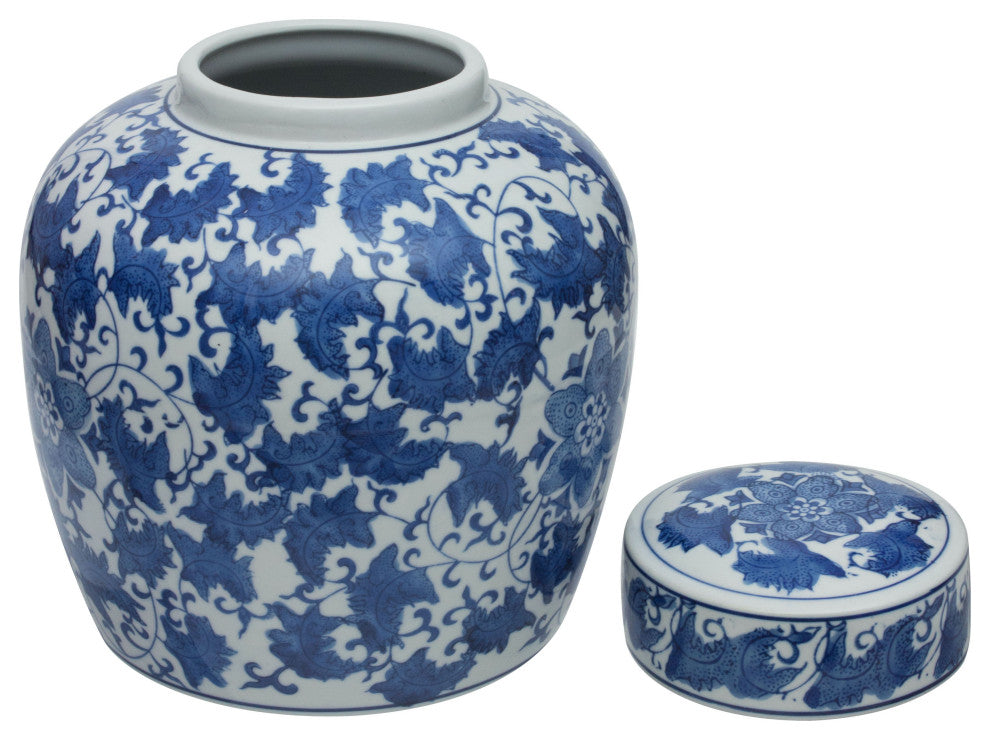 10" Floral Blue and White Porcelain Ginger Jar