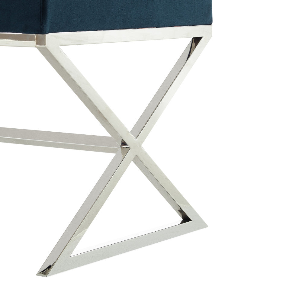 Oria Velvet X-Leg Chrome or Gold Base Ottoman, Navy/ Chrome